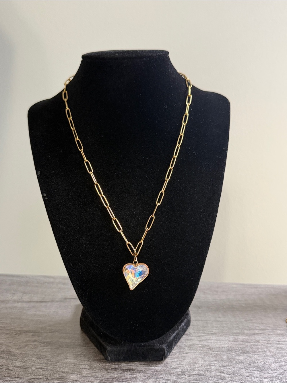 Gold Plated Stainless Steel Paper Clip Necklace w/ iridescent heart pendant
